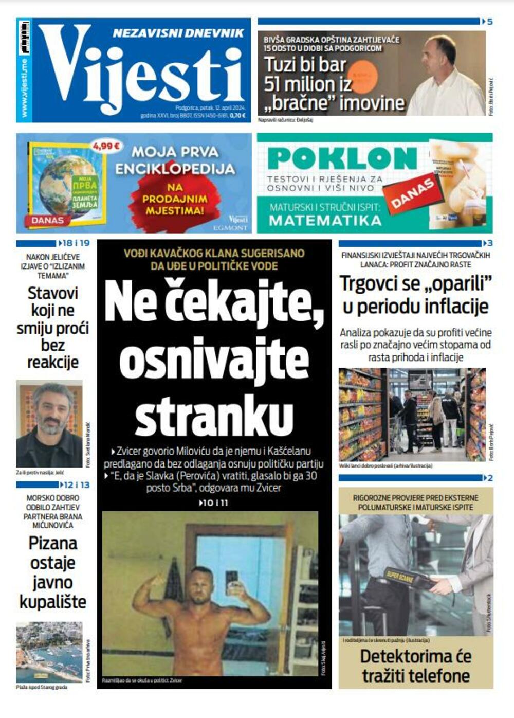 Naslovna strana "Vijesti" za 12. april 2024., Foto: Vijesti