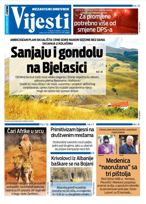 Naslovna strana "Vijesti" za 14. april 2024.