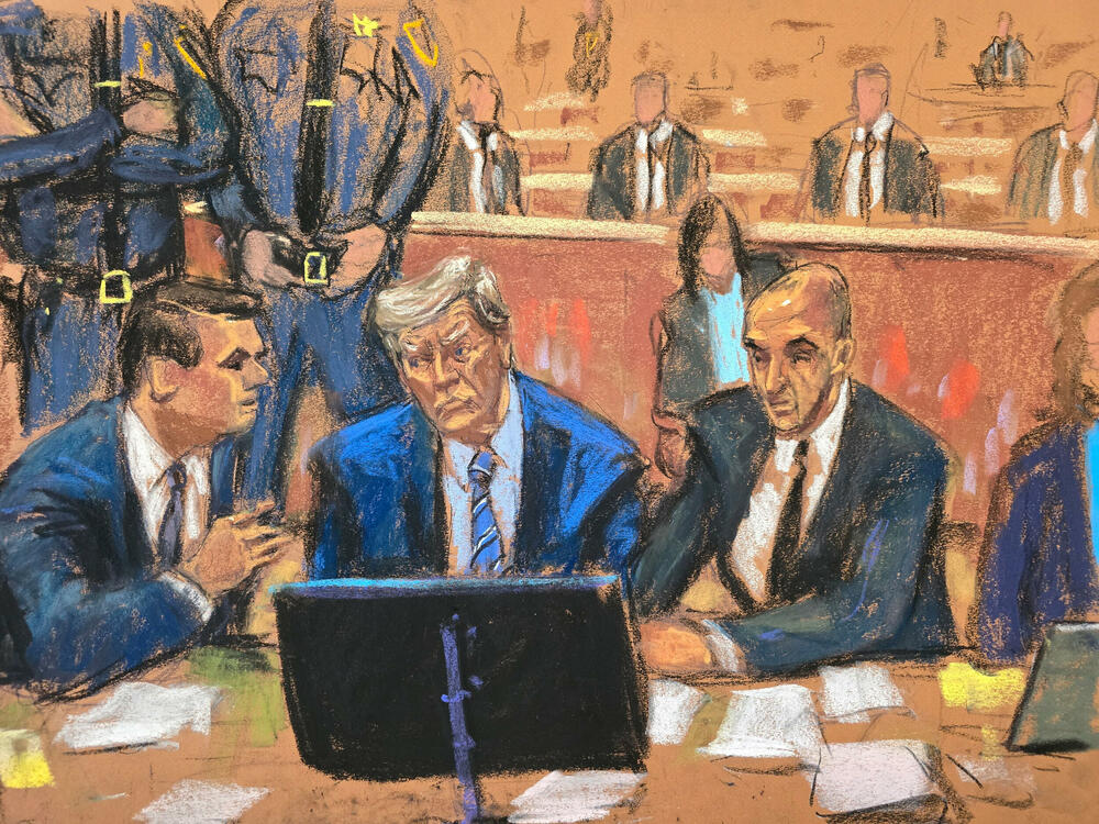 Crtež Donalda Trampa i njegovih advokata na suđenju