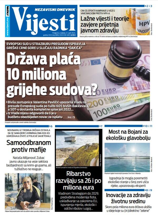 Naslovna strana "Vijesti" za 21. april 2024.