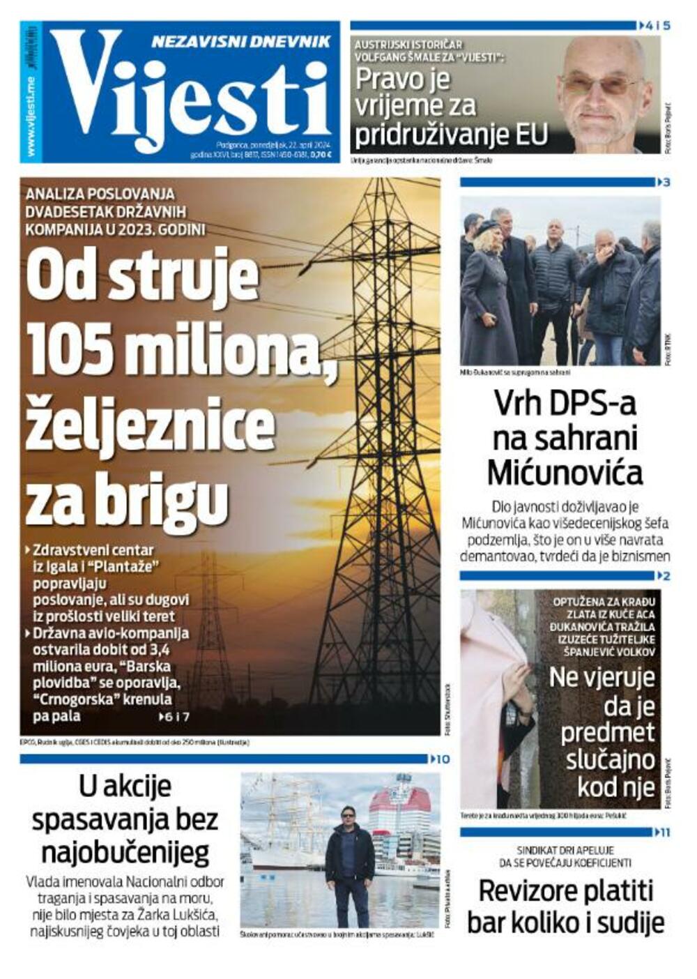 Naslovna strana 'Vijesti' za 22. april 2024.