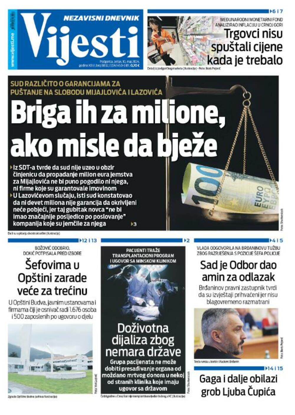Naslovna strana "Vijesti" za 10. maj 2024., Foto: Vijesti