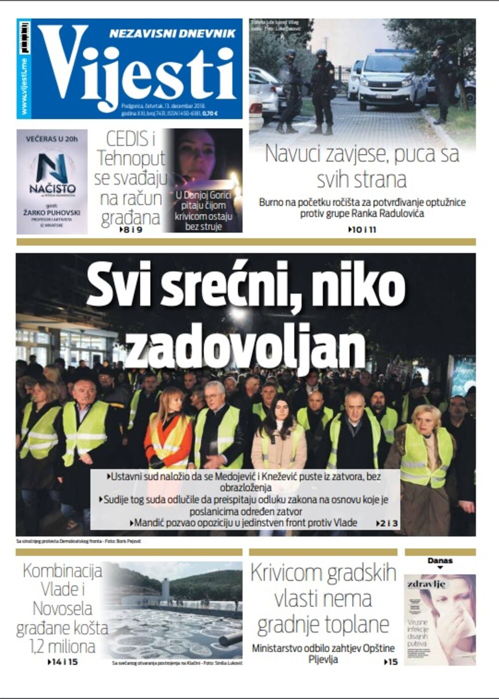 Naslovna strana ND "Vijesti" za 13. decembar