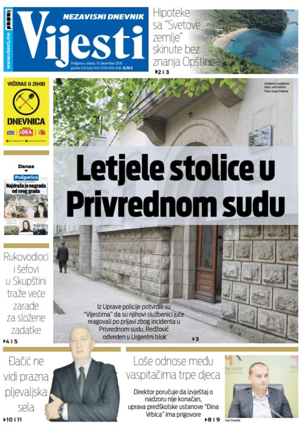 Naslovna strana Vijesti 18.12.2018., Foto: Vijesti
