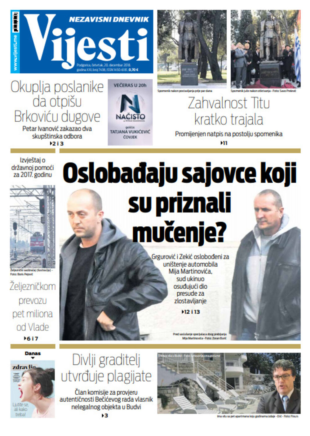 Naslovna strana "Vijesti" za 20. decembar, Foto: "Vijesti"