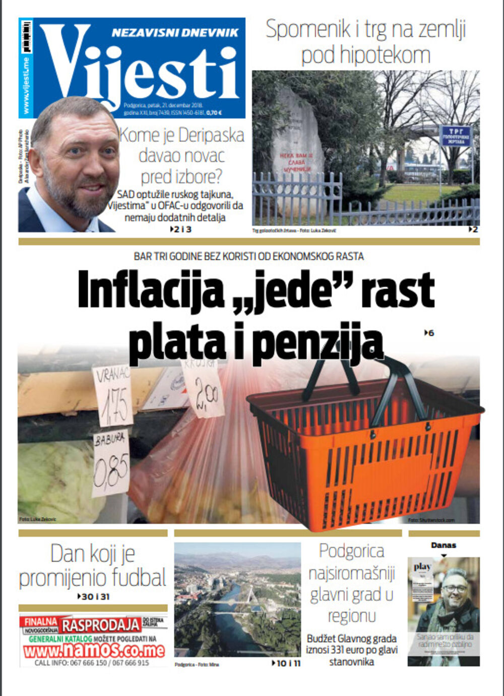 Naslovna strana "Vijesti" za 21. decembar, Foto: Vijesti