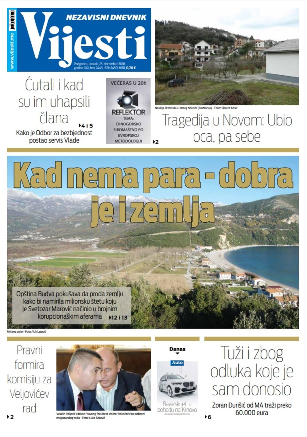 Naslovna strana "Vijesti" za 25. decembar, Foto: Vijesti