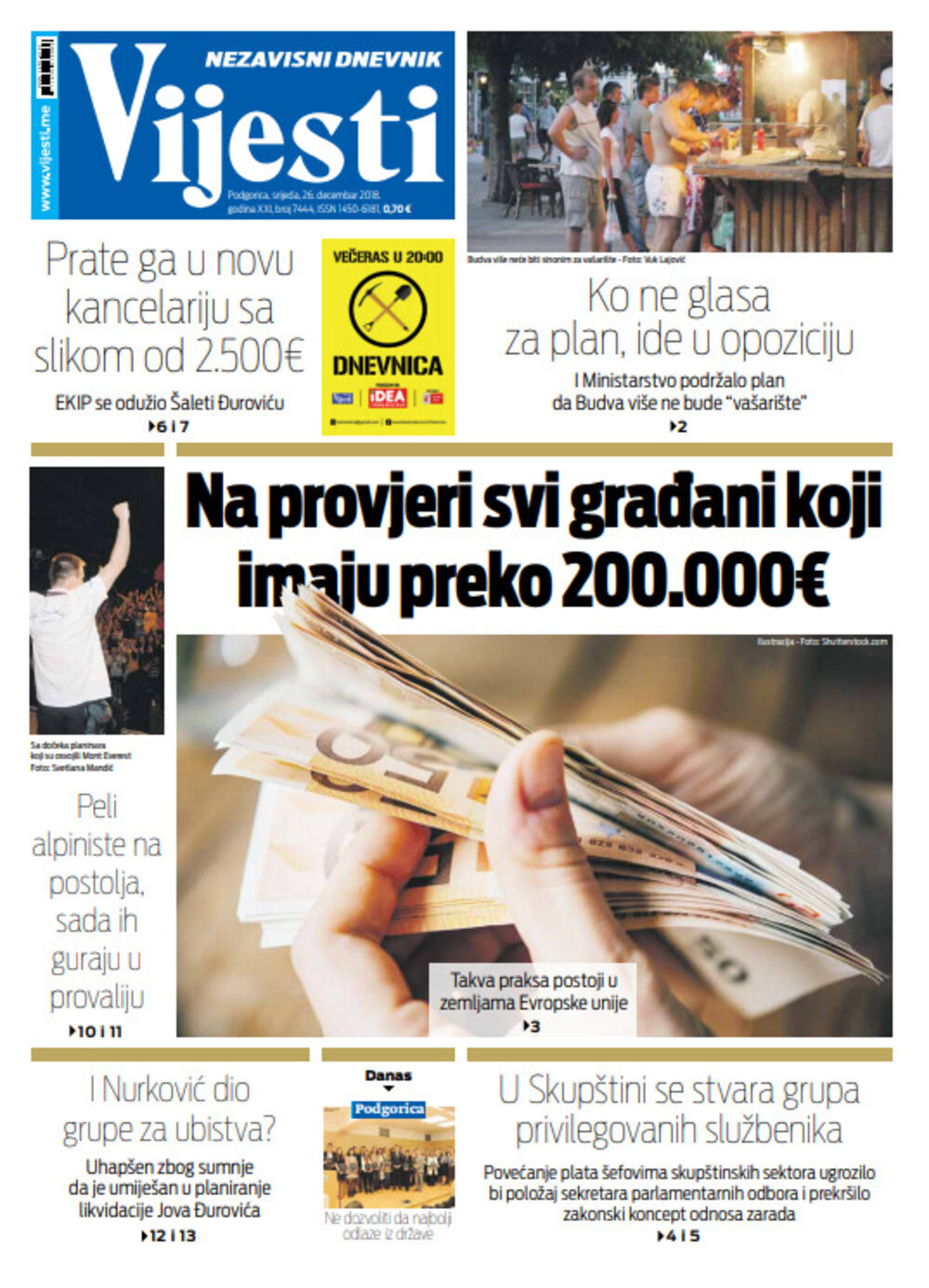 Naslovna strana "Vijesti" za 26. decembar, Foto: Vijesti