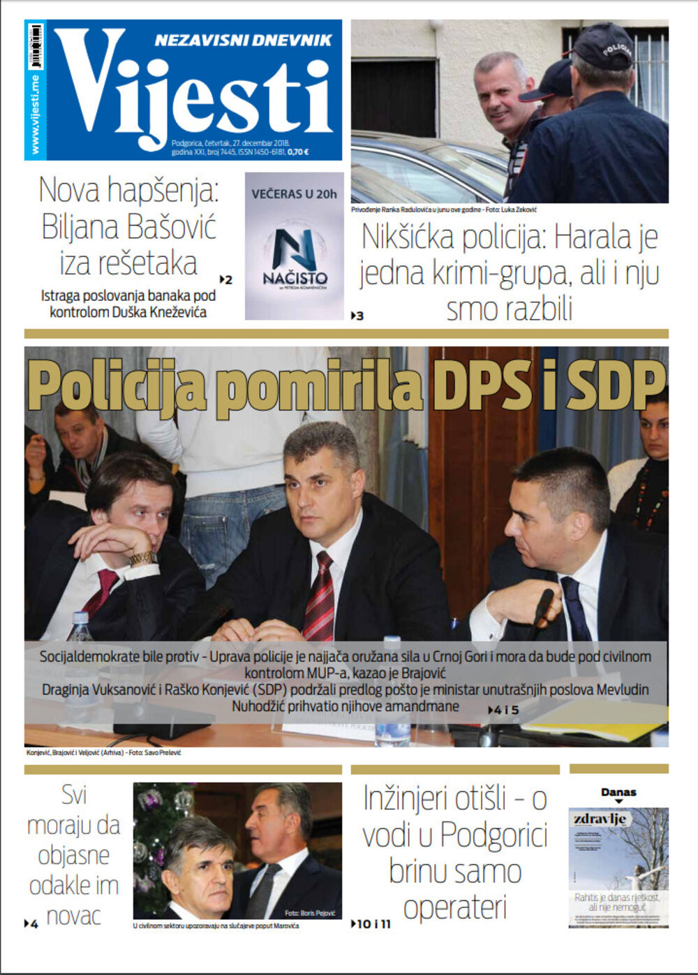 Naslovna strana "Vijesti" za 27. decembar, Foto: Vijesti