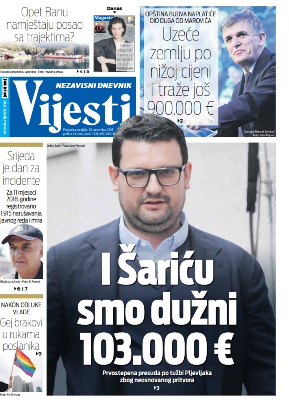 Naslovna strana "Vijesti" za 30. decembar, Foto: Vijesti