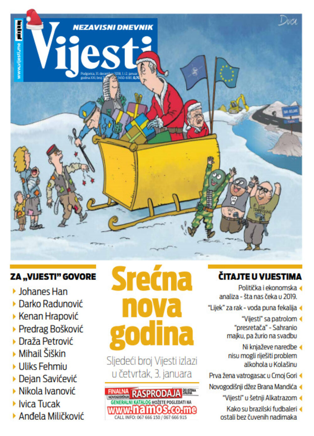 Naslovna strana "Vijesti" za 31. decembar, prvi i drugi januar, Foto: Vijesti