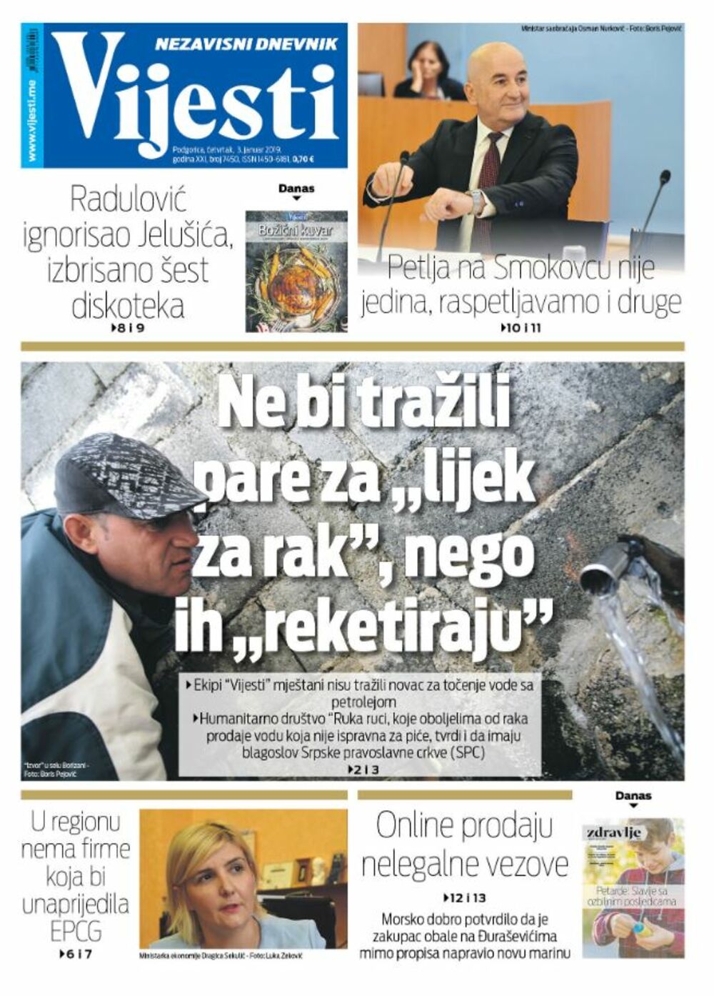 Naslovna strana "Vijesti" za 3. januar