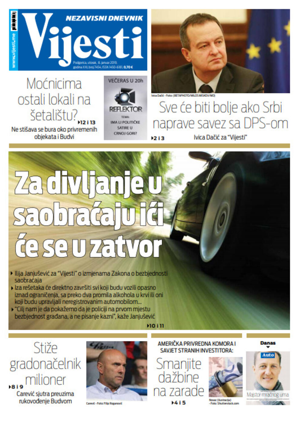 Naslovna strana "Vijesti" za 8. januar, Foto: Vijesti
