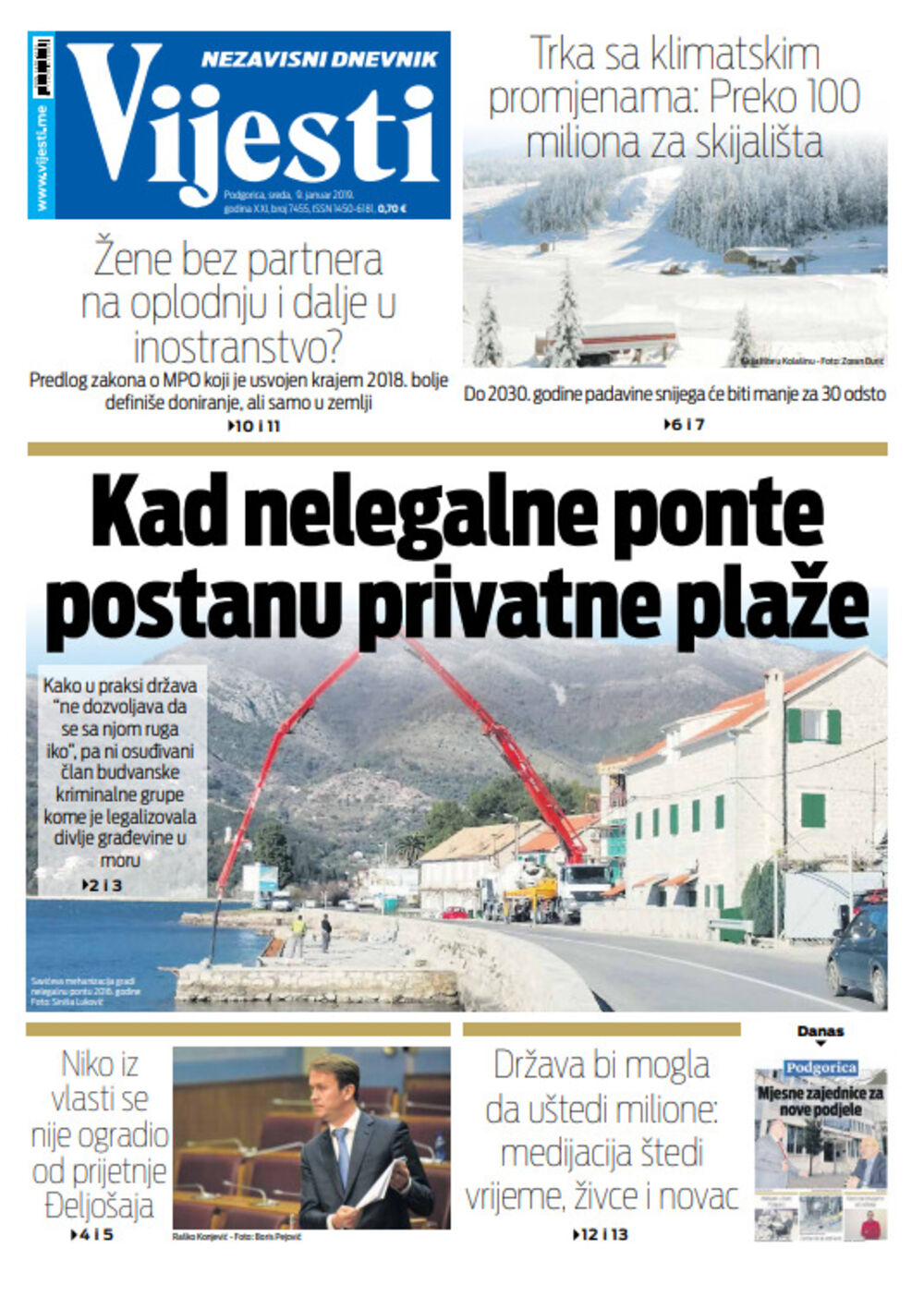 Naslovna strana Vijesti za 9. januar, Foto: Vijesti