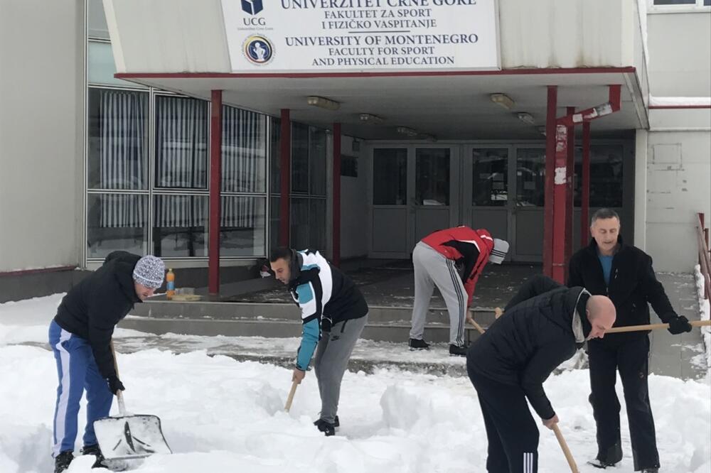 Zaposleni i studenti čistili snijeg ispred fakulteta u Nikšiću, Foto: Svetlana Mandić