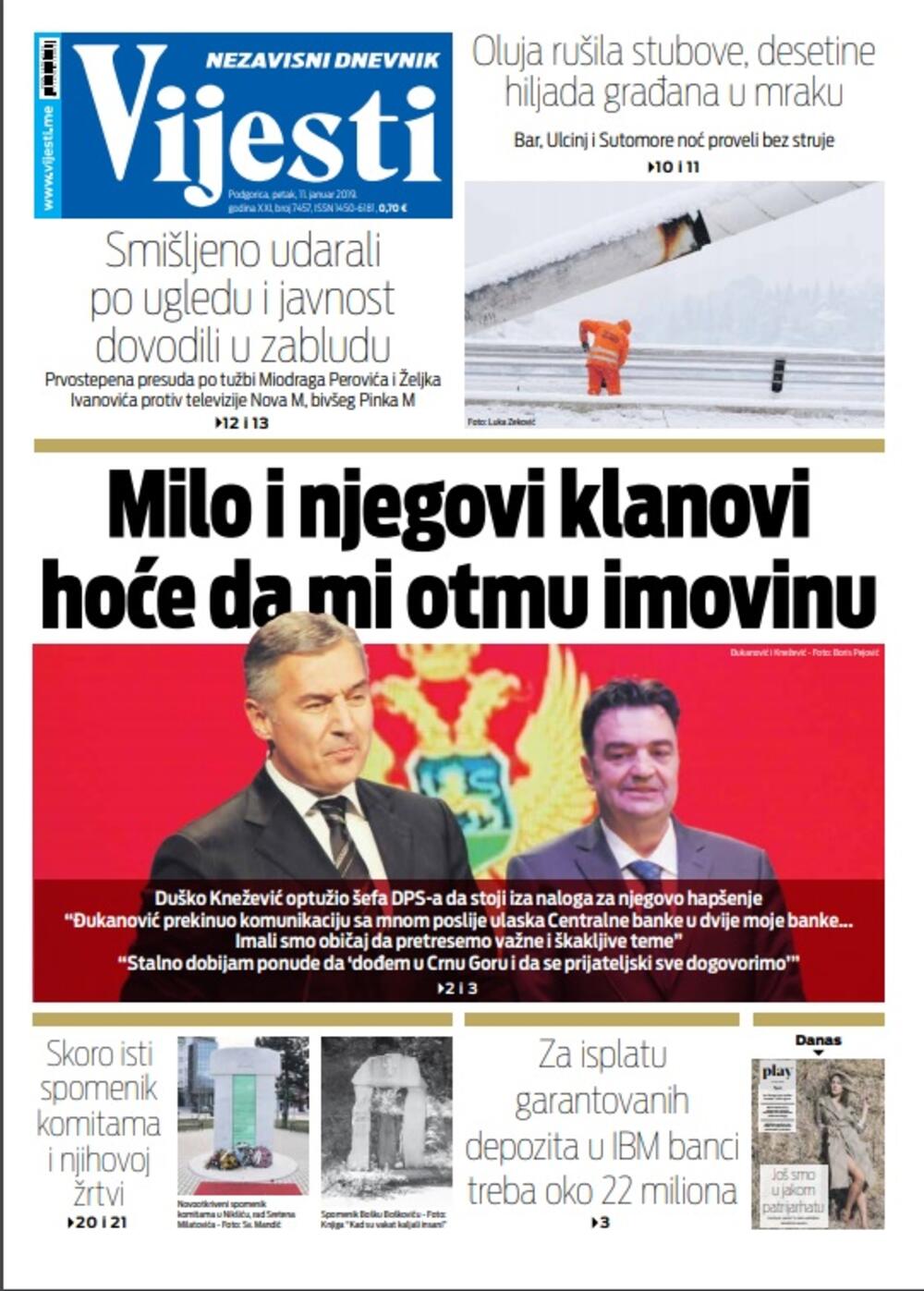 Naslovna strana Vijesti 11.1., Foto: Vijesti