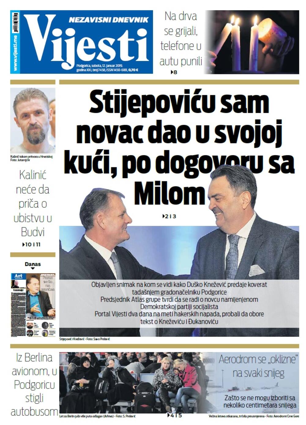 Naslovna strana "Vijesti" za 10. januar, Foto: Vijesti