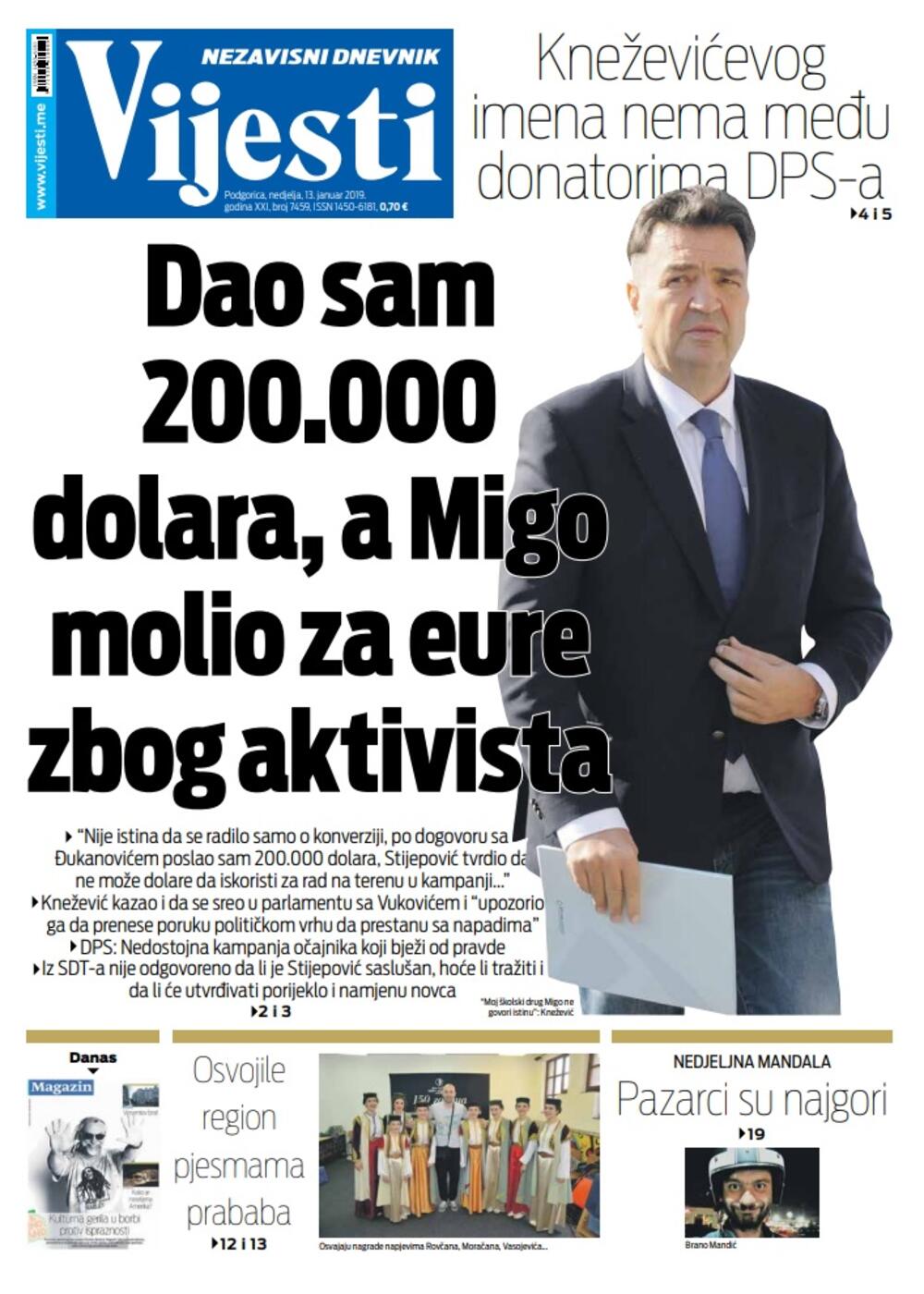Naslovna strana "Vijesti" za 13. januar