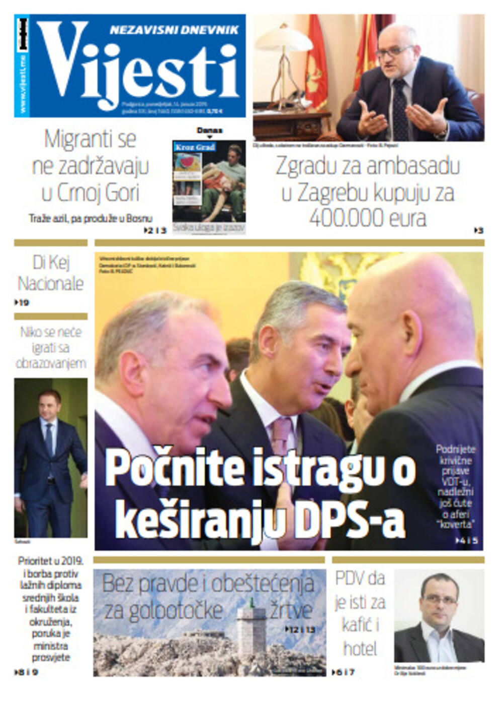 Naslovna strana "Vijesti" za 14. januar, Foto: Vijesti