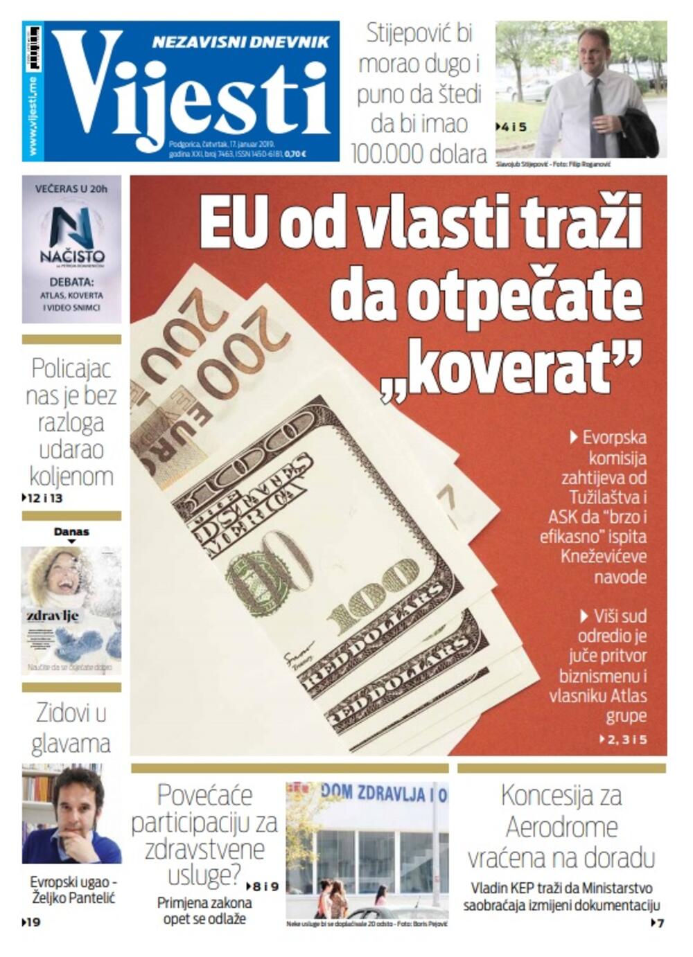 Naslovna strana "Vijesti" 17.1.2019., Foto: Vijesti