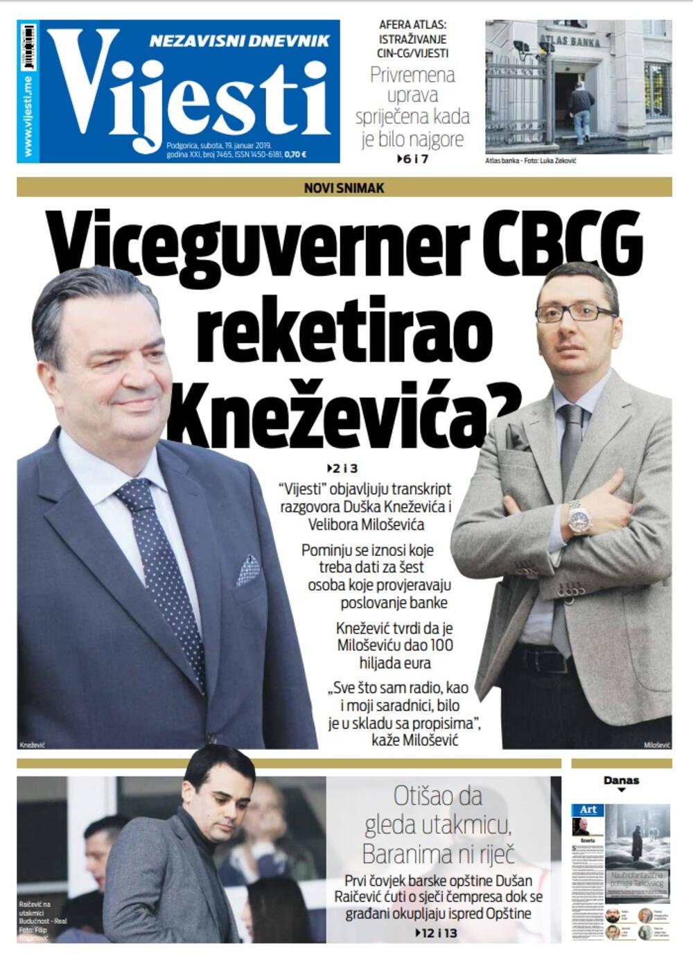 Naslovna strana "Vijesti" za 19. januar