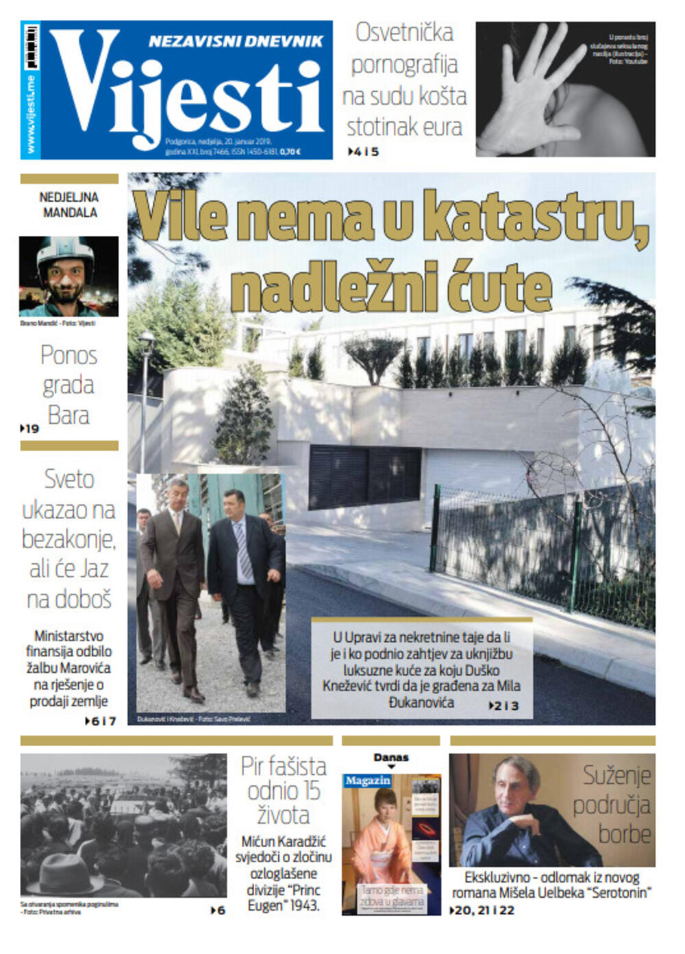 Naslovna strana "Vijesti" za 20. januar, Foto: Vijesti