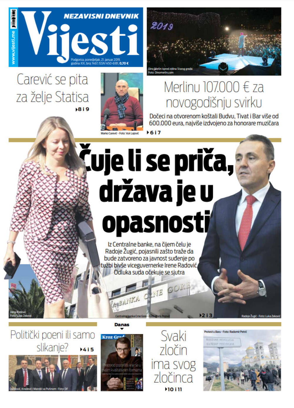 Naslovna strana "Vijesti" za 21. januar, Foto: Vijesti