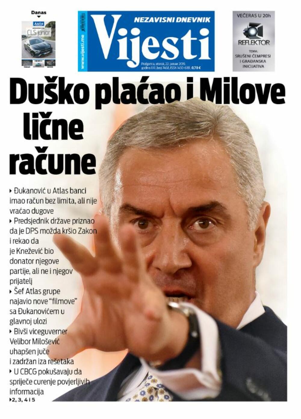 Naslovna strana "Vijesti" za 22. januar