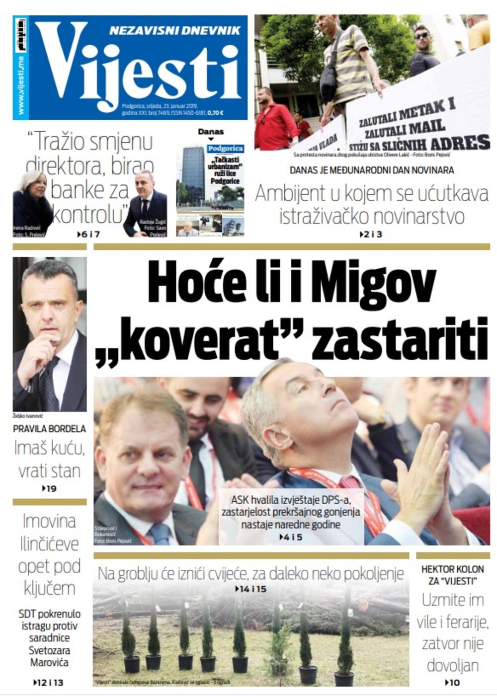 Naslovna strana "Vijesti" 23.1., Foto: Vijesti