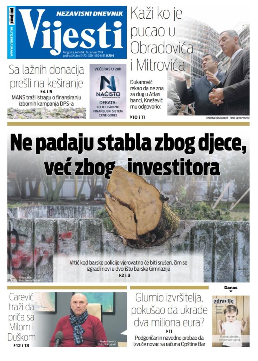 Naslovna strana "Vijesti" za 24. januar