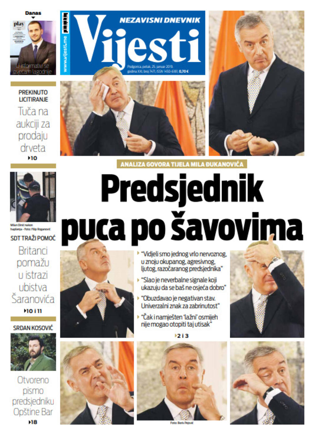 Naslovna strana "Vijesti" za 25. januar, Foto: Vijesti