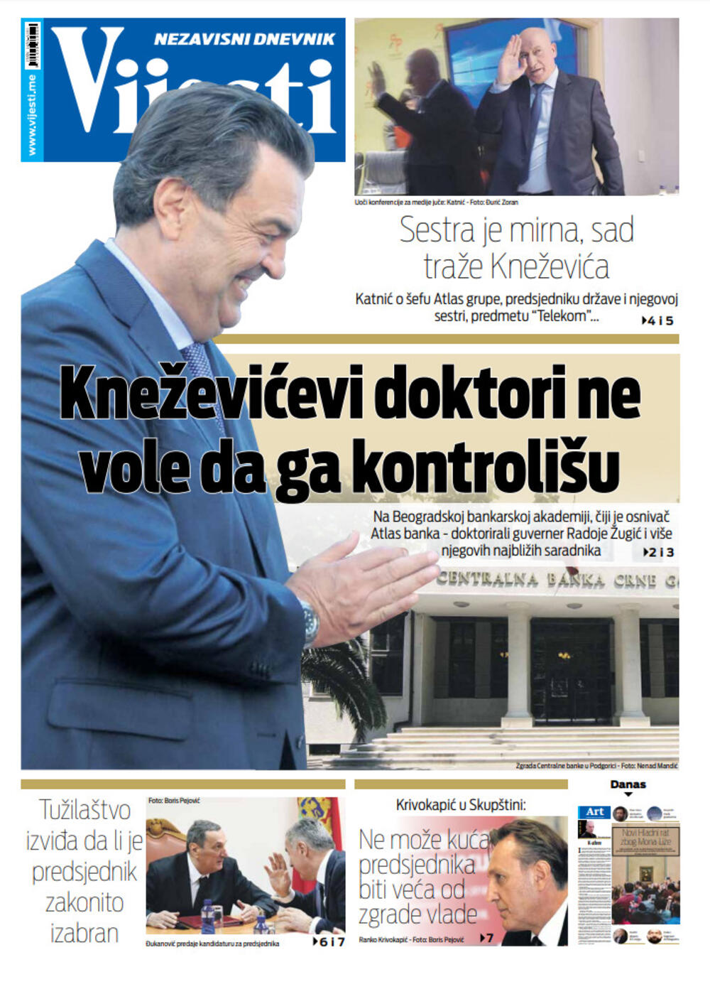 Naslovna strana "Vijesti" za 26. januar, Foto: Vijesti