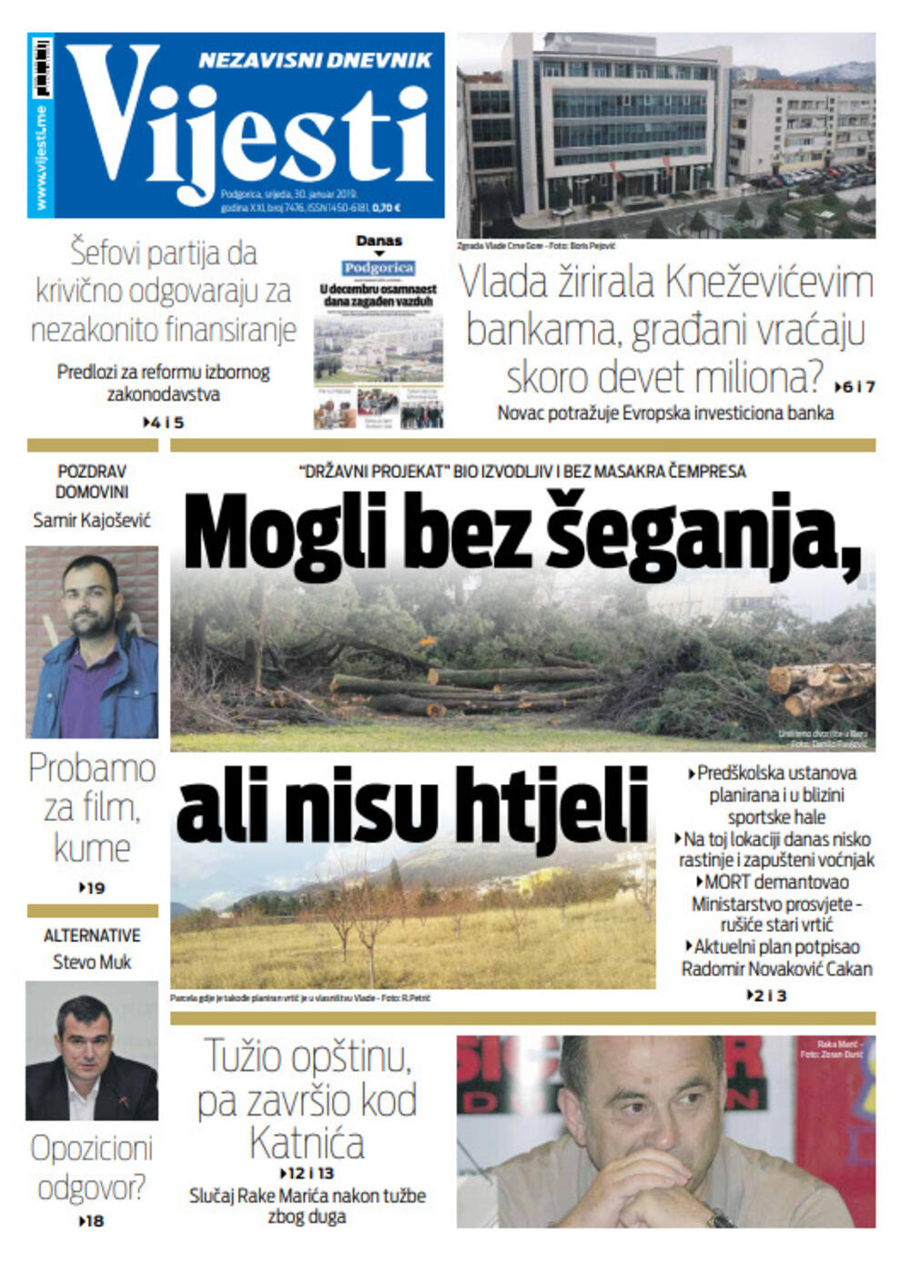 Naslovna strana "Vijesti" za 30. januar, Foto: Vijesti