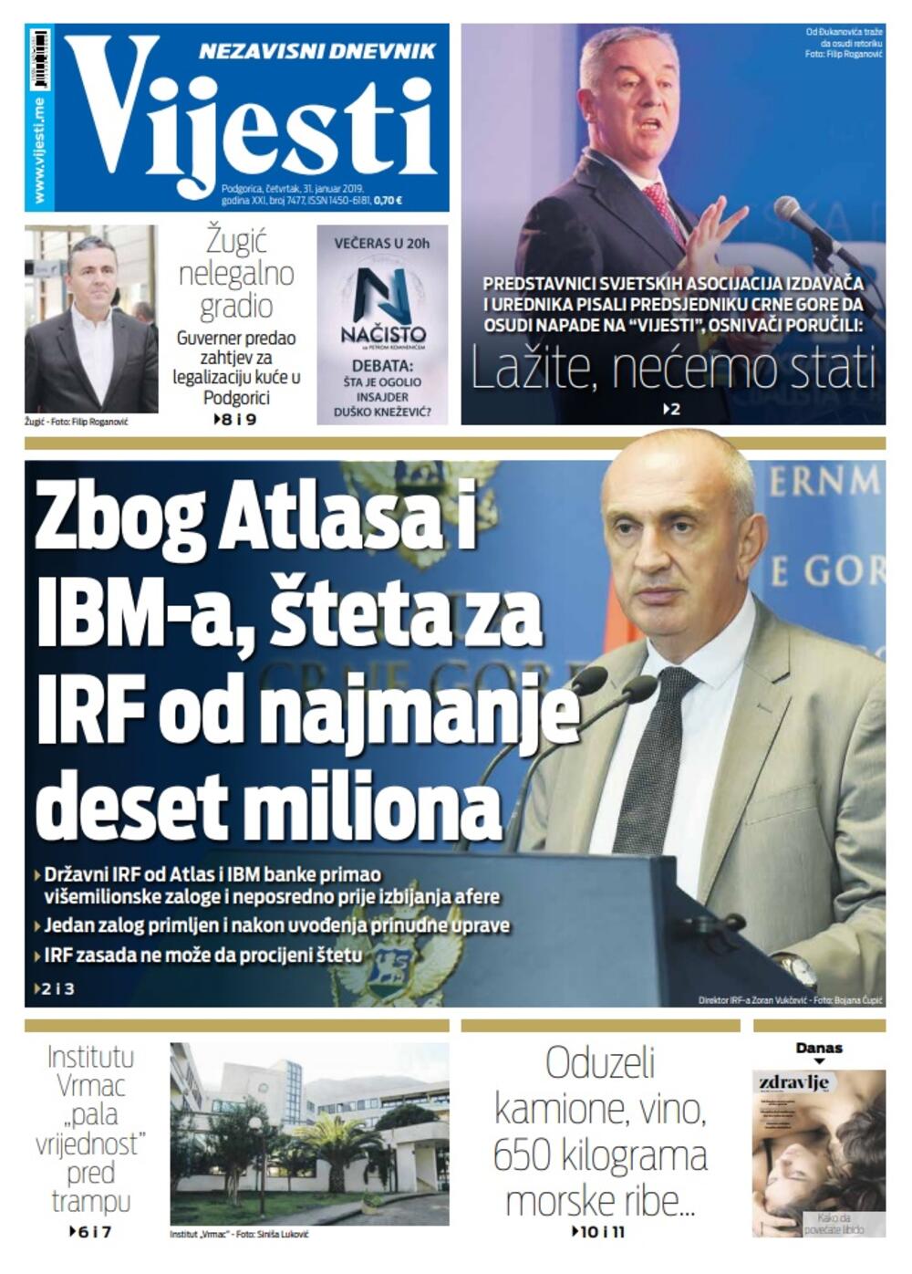 Naslovna strana "Vijesti" za 31. januar