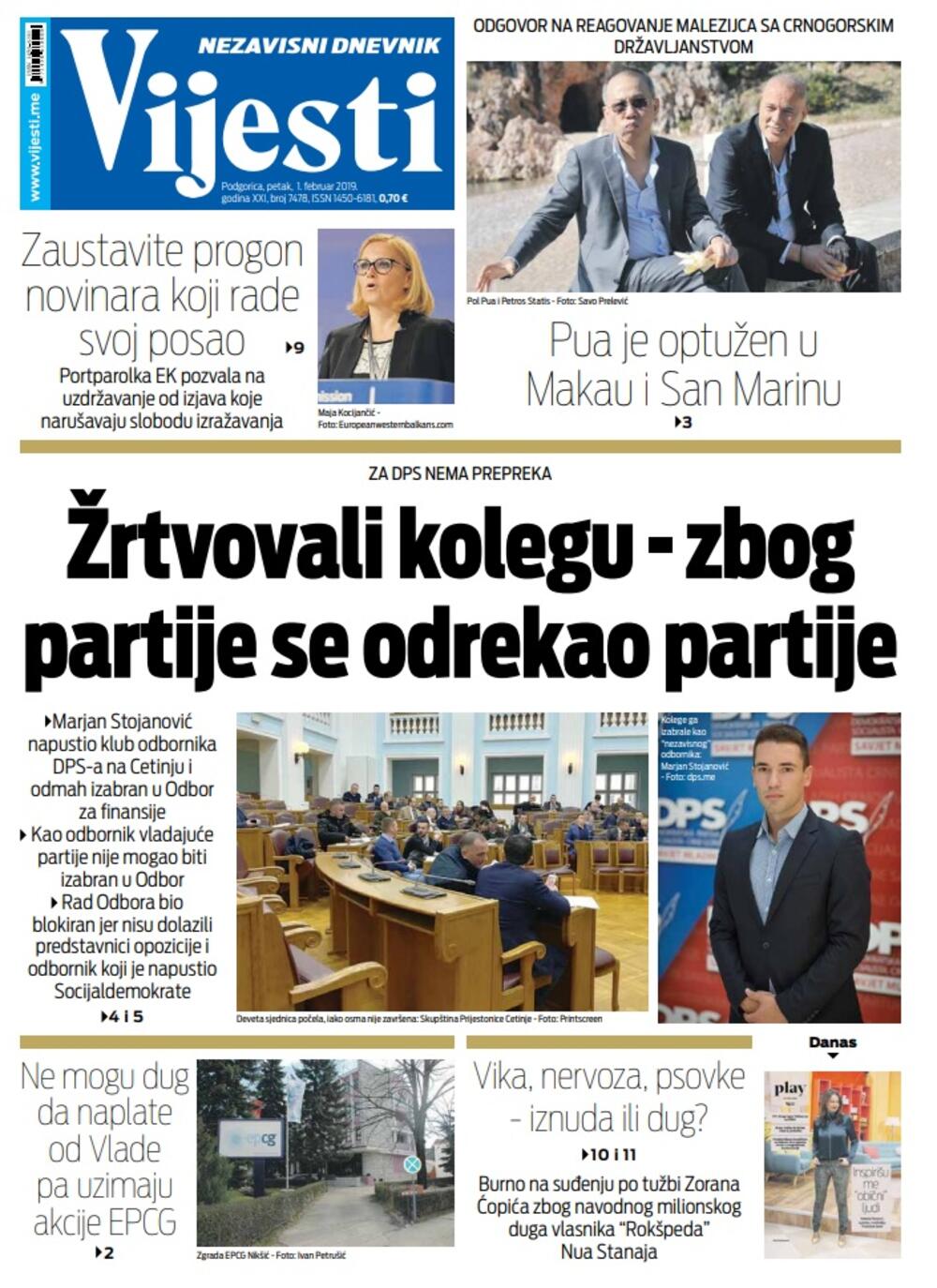 Naslovna strana "Vijesti" za 1. februar, Foto: Vijesti