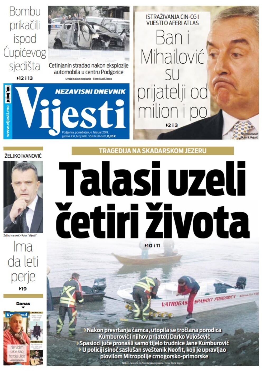 Naslovna strana "Vijesti" za 4. februar, Foto: Vijesti