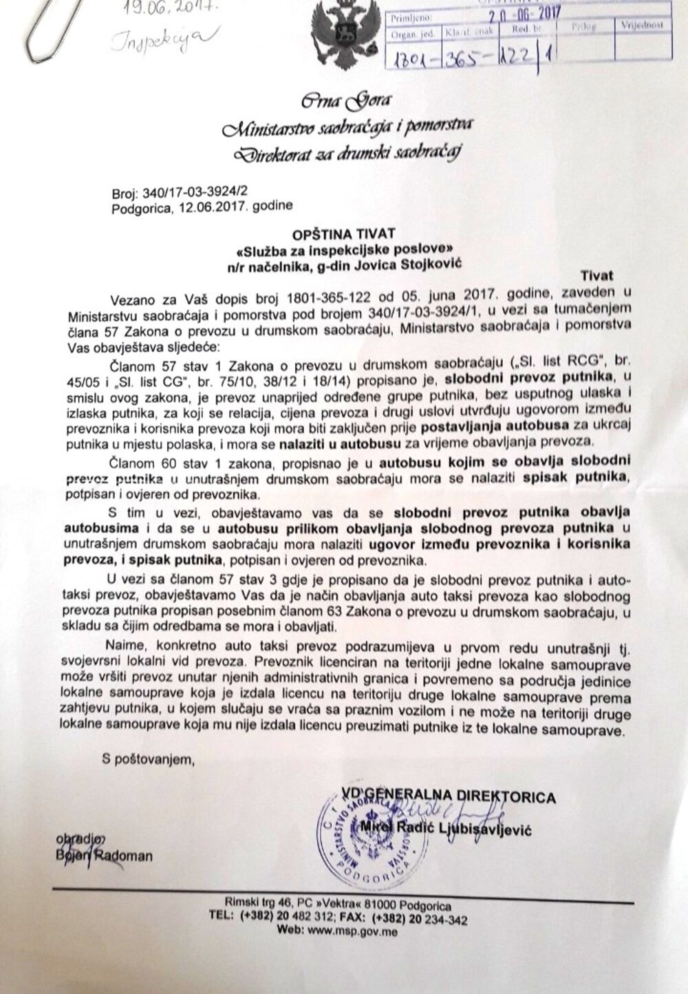 Rješenje Ministarstva saobraćaja