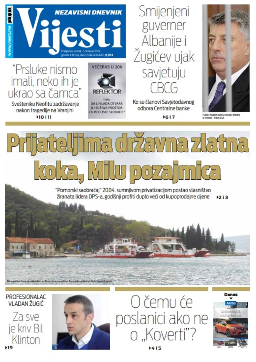Naslovna strana "Vijesti" za 5. februar, Foto: Vijesti