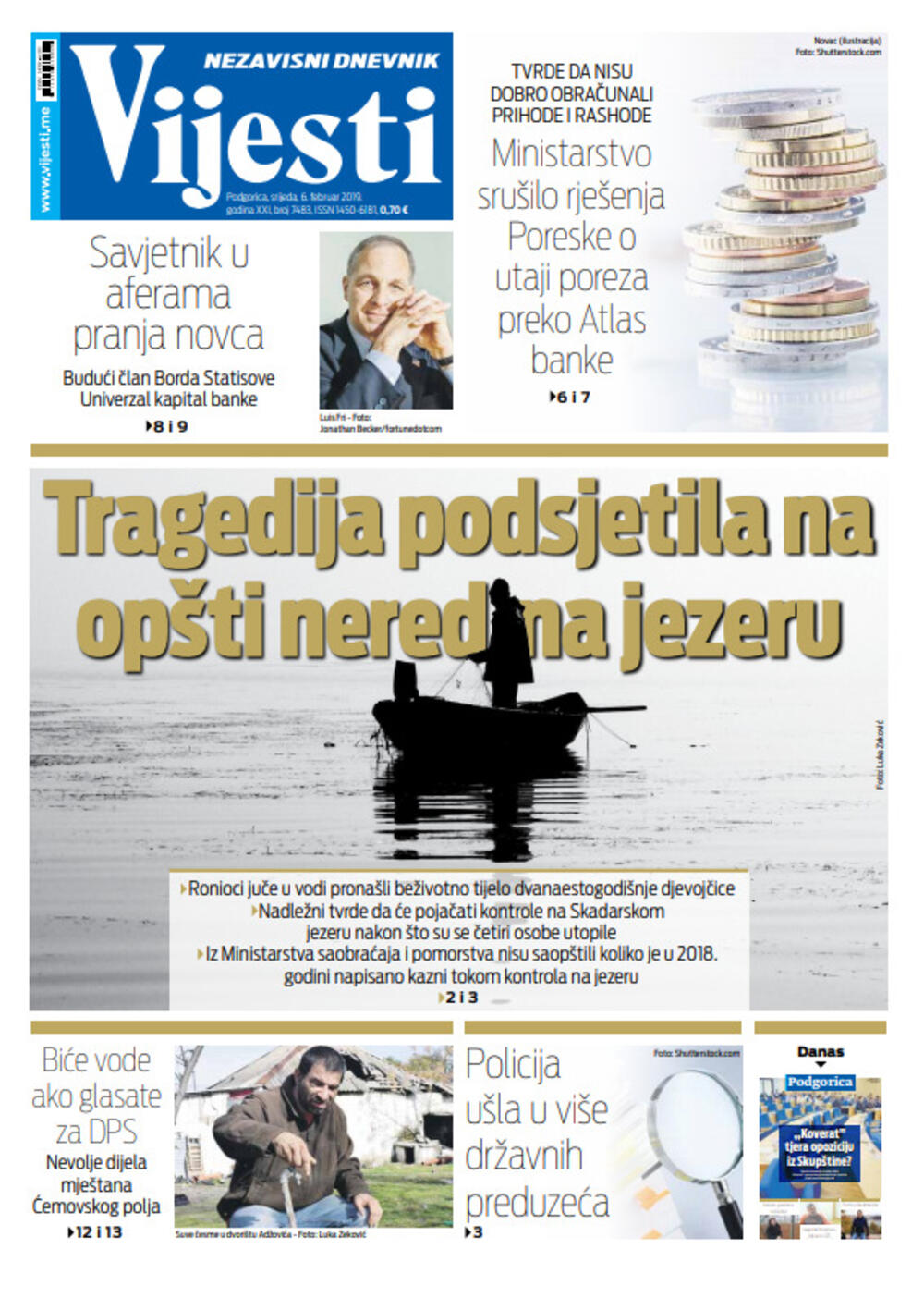 Naslovna strana "Vijesti" za šesti februar, Foto: Vijesti