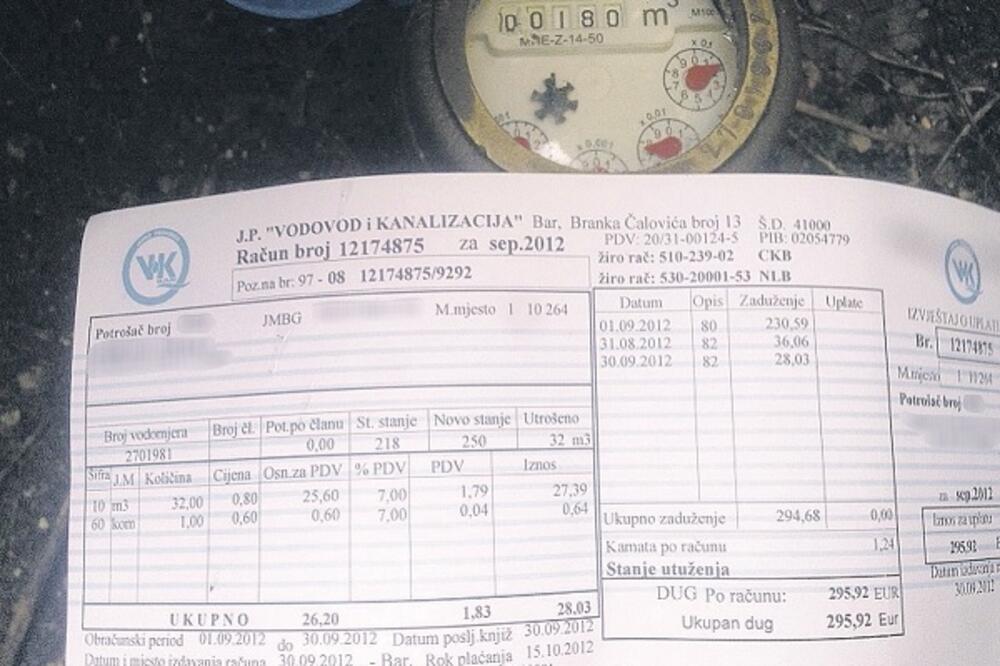 račun za vodu Bar, Foto: Vijesti online