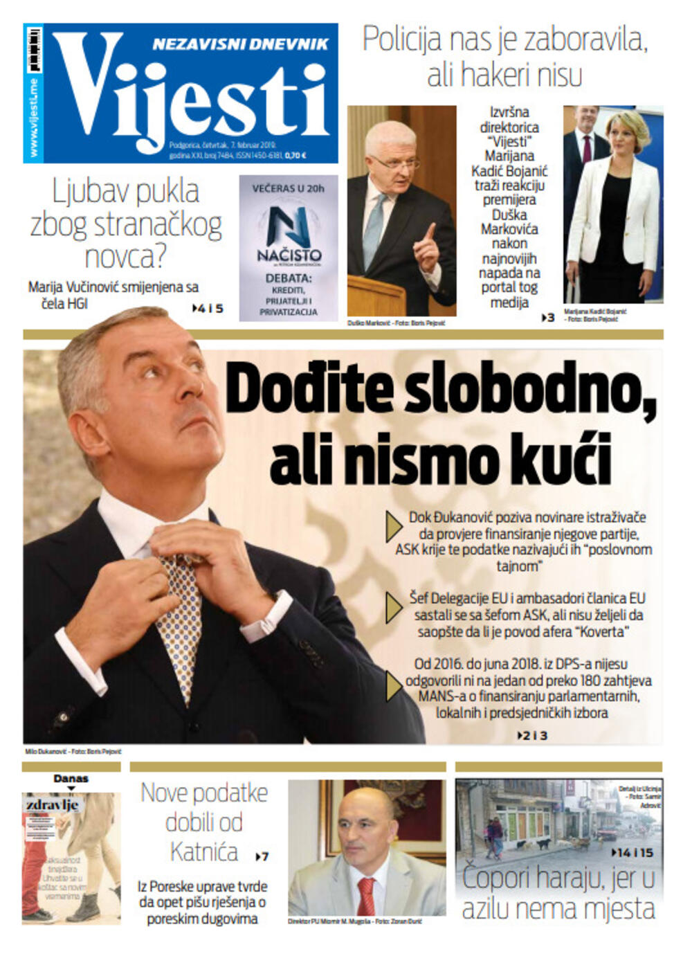 Naslovna strana "Vijesti" za sedmi februar, Foto: Vijesti