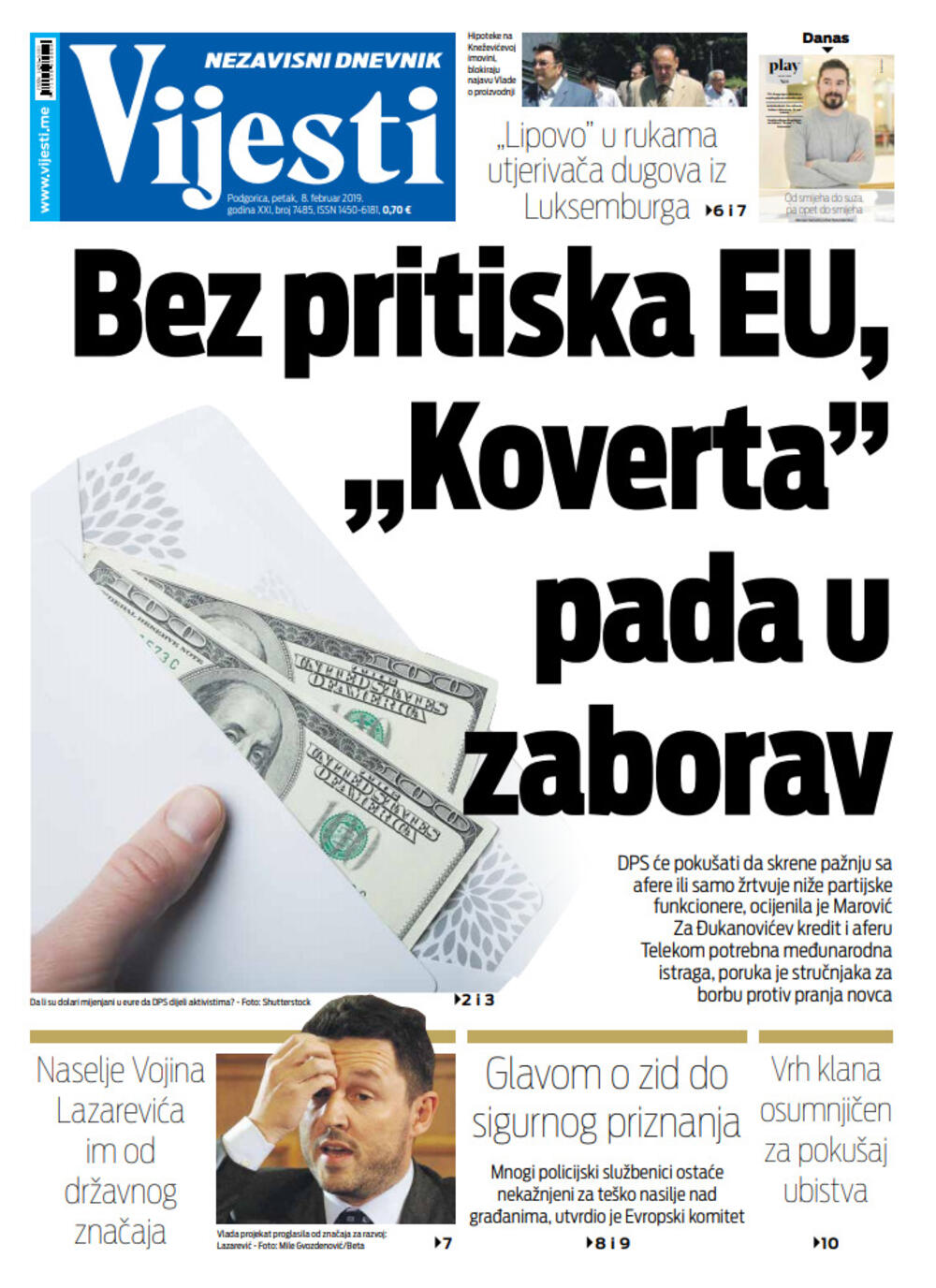 Naslovna strana "Vijesti" za 8. februar, Foto: Vijesti