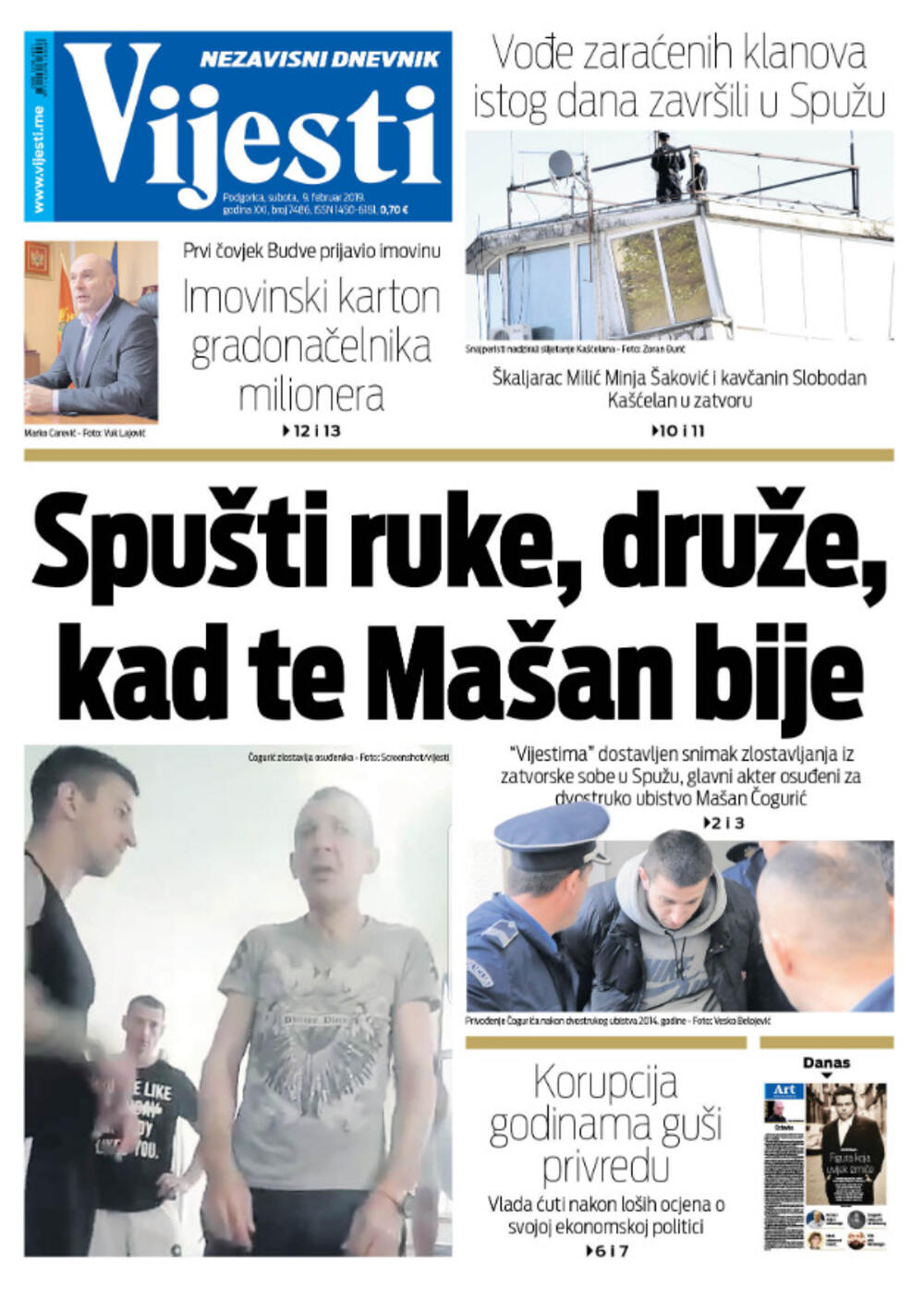 Naslovna strana "Vijesti" za 9. februar