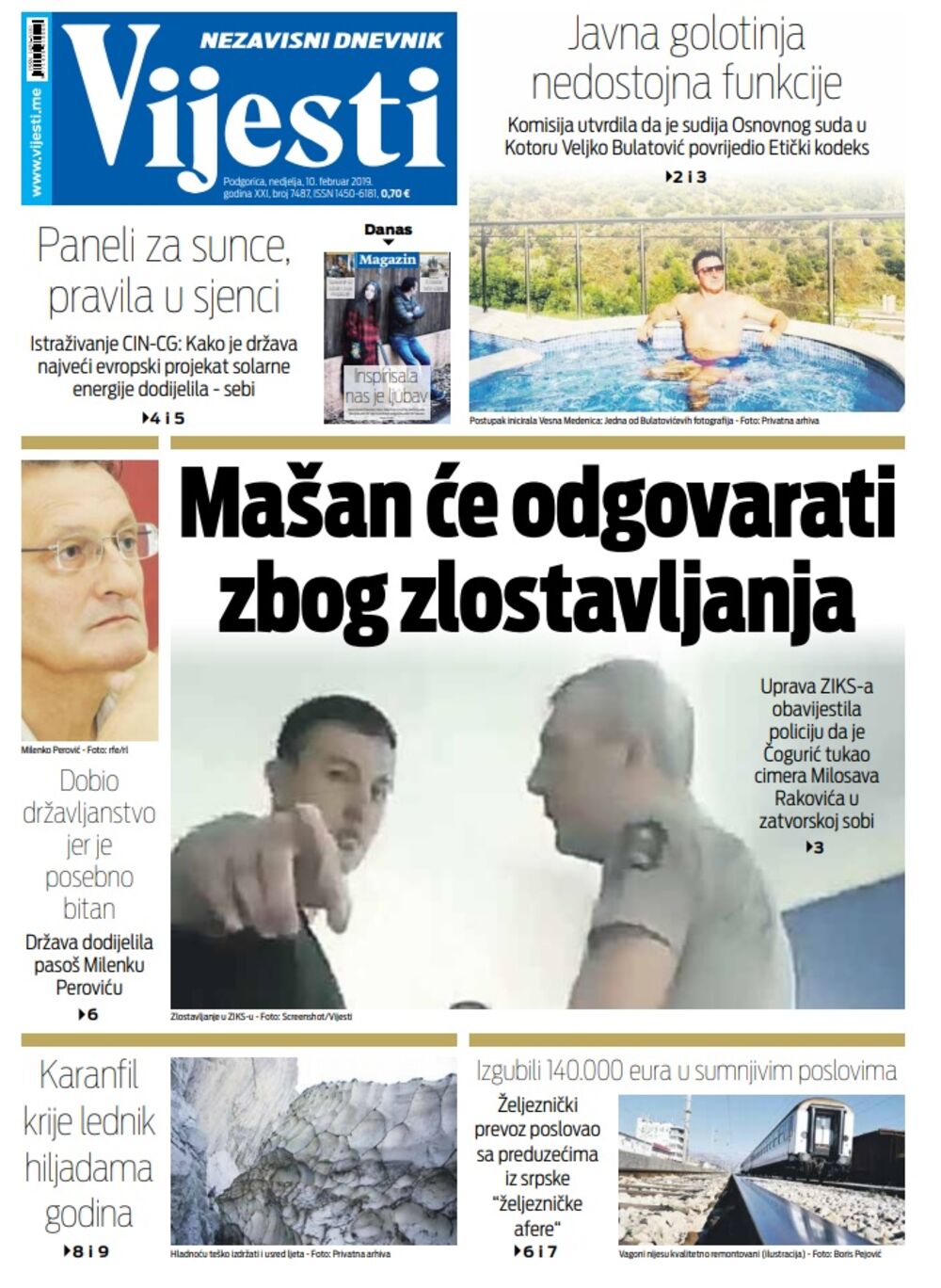 Naslovna strana "Vijesti" za 10. februar, Foto: Vijesti