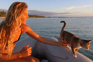 Djevojka i mačka žive na brodu i plove oko svijeta