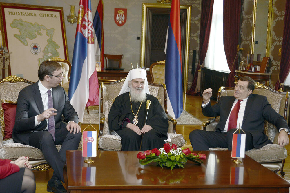 Aleksandar Vučić, patrijarh Irinej, Milorad Dodik, Foto: Betaphoto