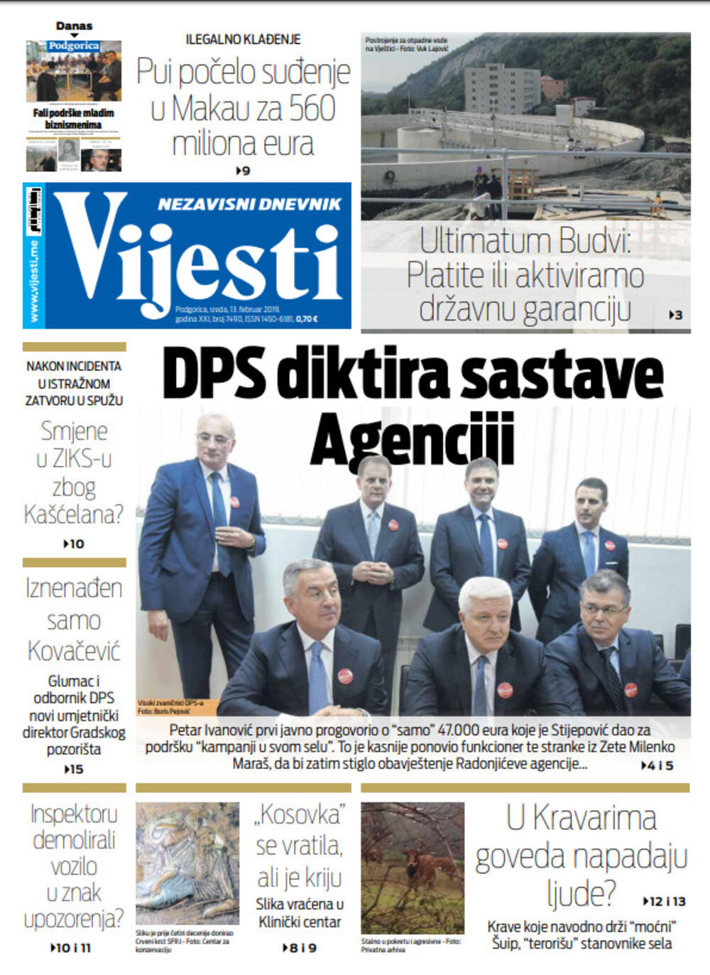 Naslovna strana "Vijesti" za 13. februar, Foto: Vijesti