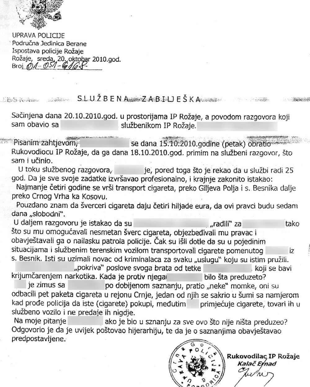 Ernad Kalač službene zabilješke