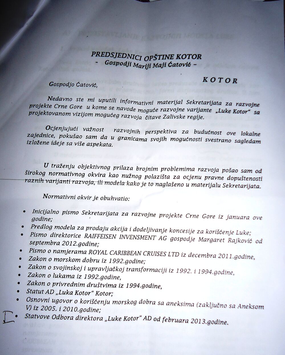 elaborat o prodaji Luke Kotor