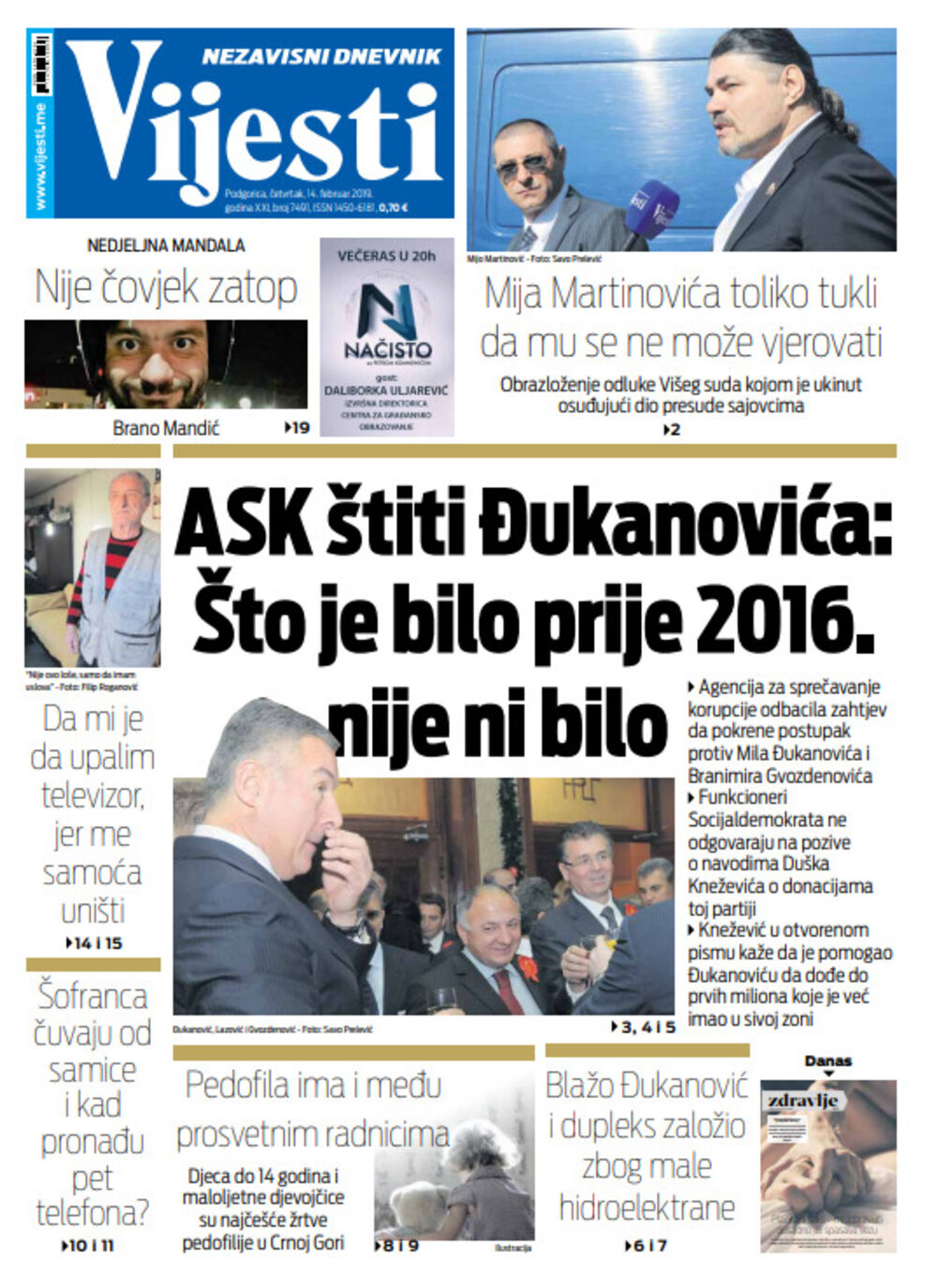 Naslovna strana "Vijesti" za 14. februar, Foto: Vijesti